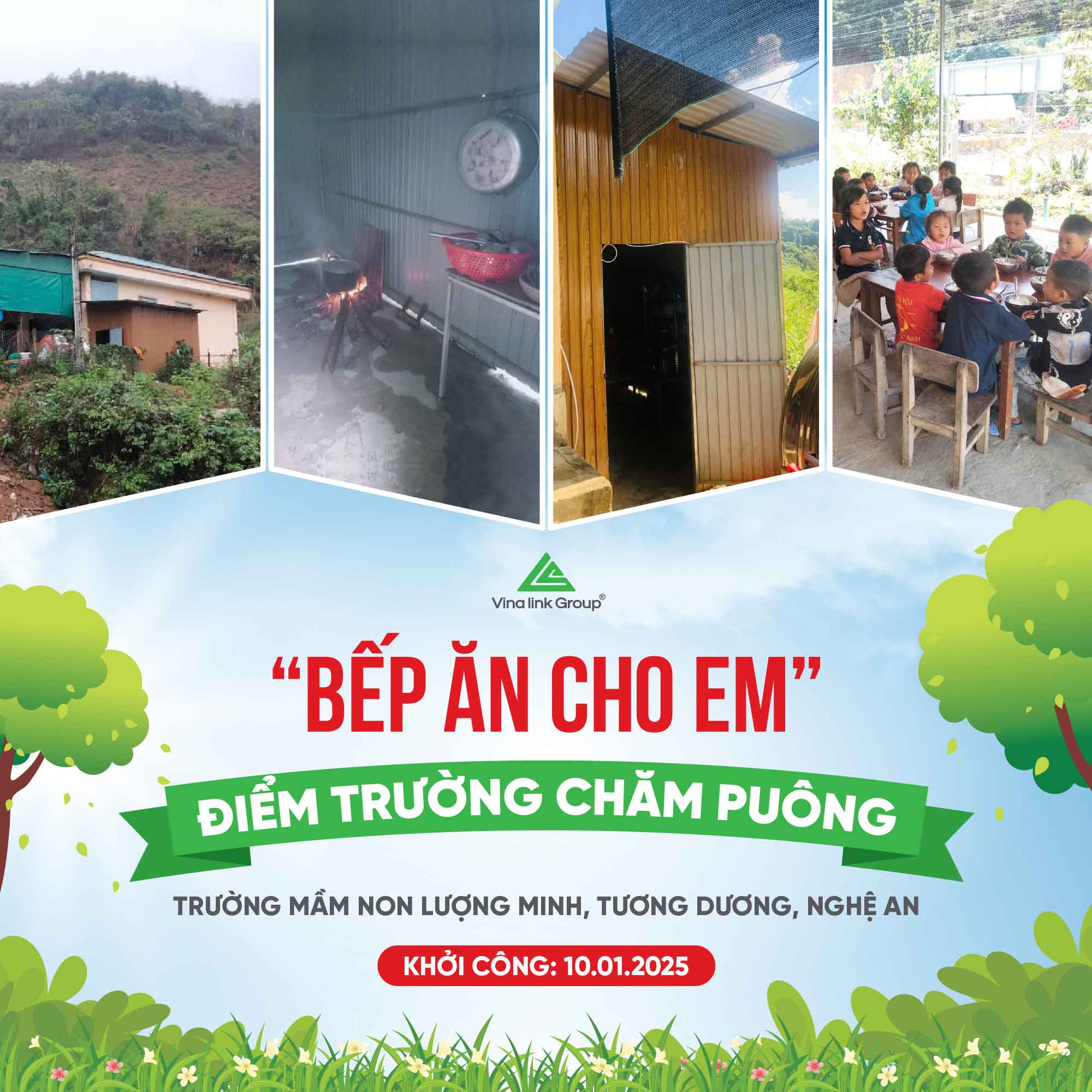 “Bếp ăn cho em” tại Chăm Puông được Vinalink Group tài trợ xây dựng sẽ khởi công ngày 10/1/2025, dự kiến hoàn thiện vào tháng 3 cùng năm.